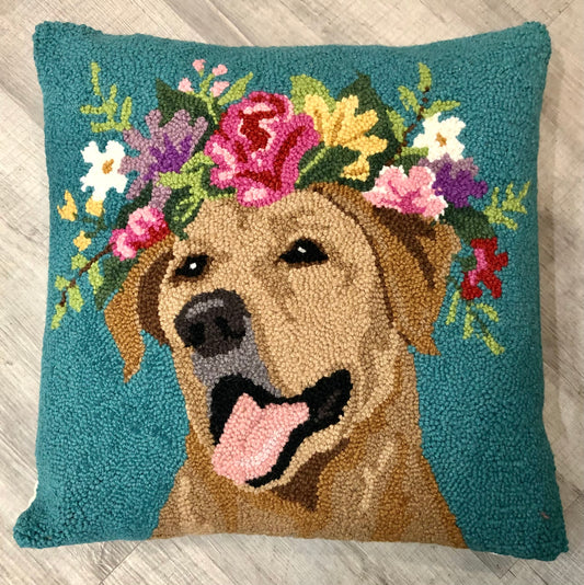 Floral Yellow Lab Hooked Pillow