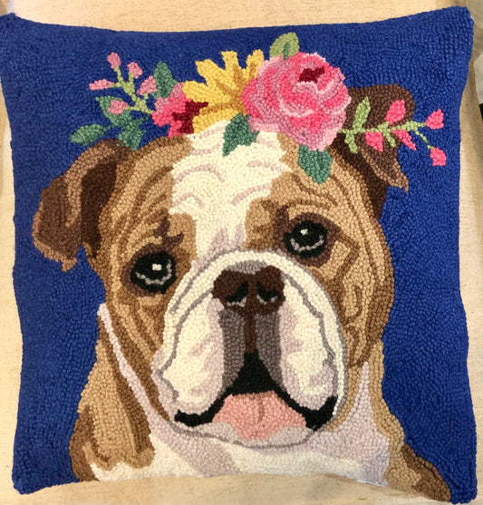 Floral Bulldog Hooked Pillow