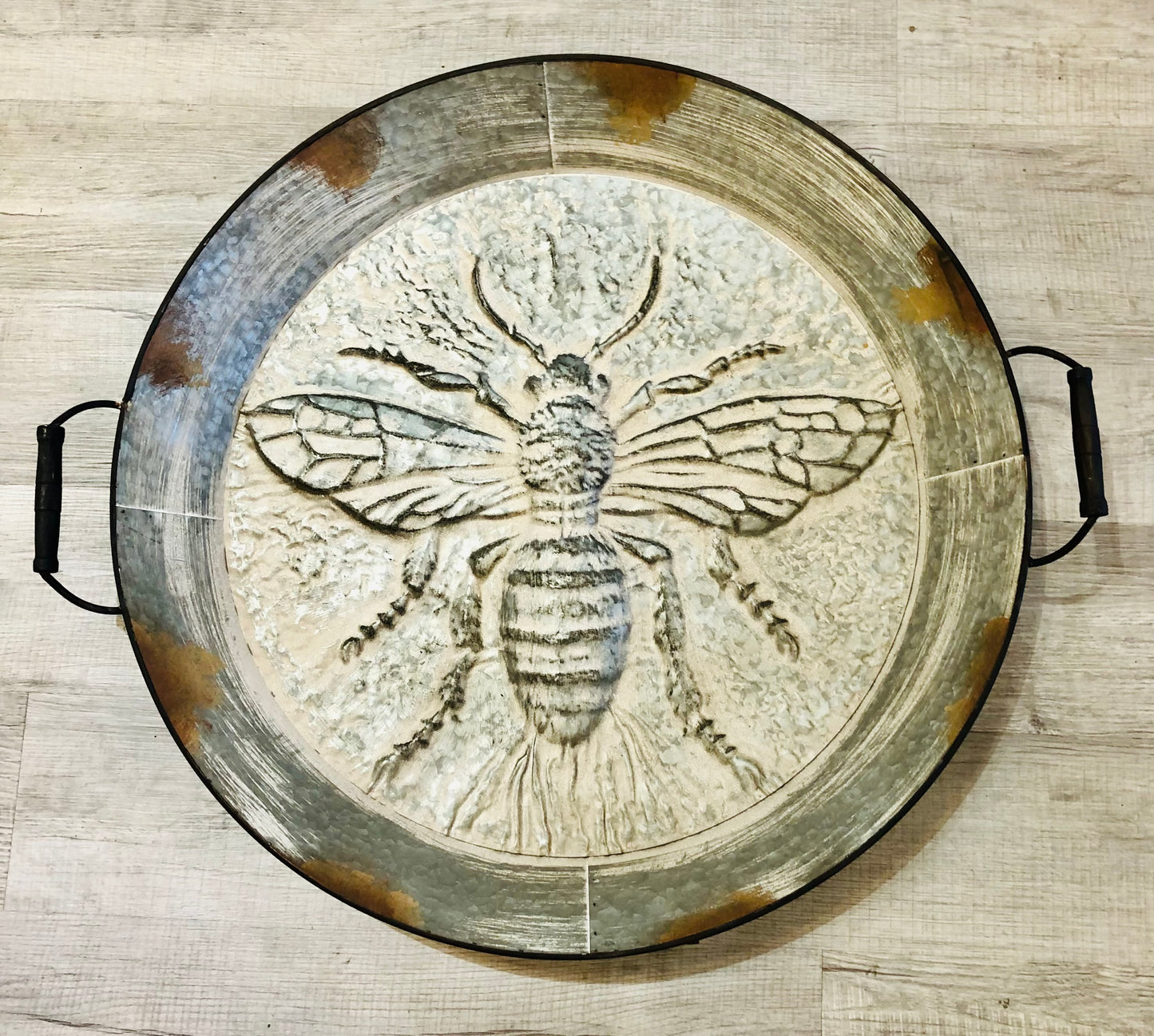 Large Galvanized Metal Tray with Bee Motif