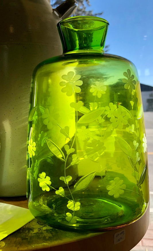 Green Etched Floral Vase
