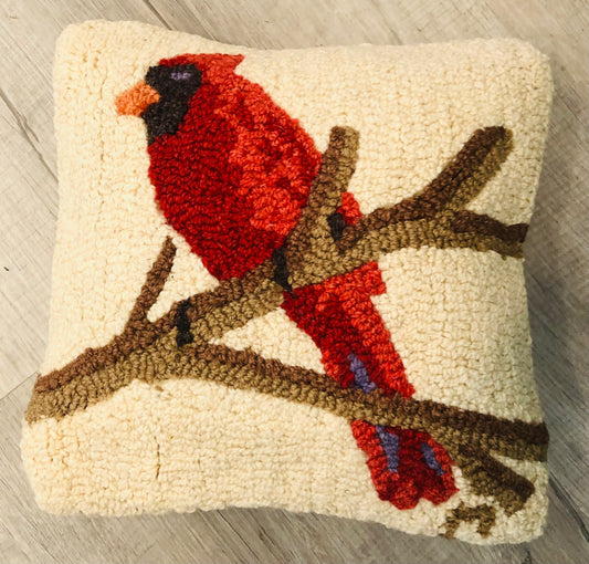 Cardinal Pillow, Hand-hooked Wool