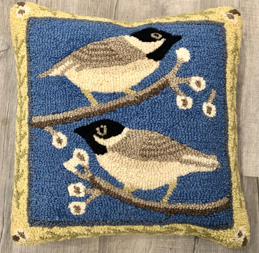 Chickadees in the Bush Pillow, Hand-hooked Wool