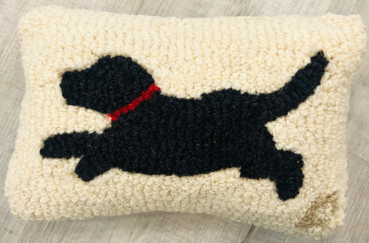 Running Black Dog Pillow, Hand-hooked Wool