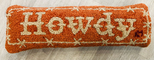 "Howdy" Lumbar Pillow, Hand-hooked Wool