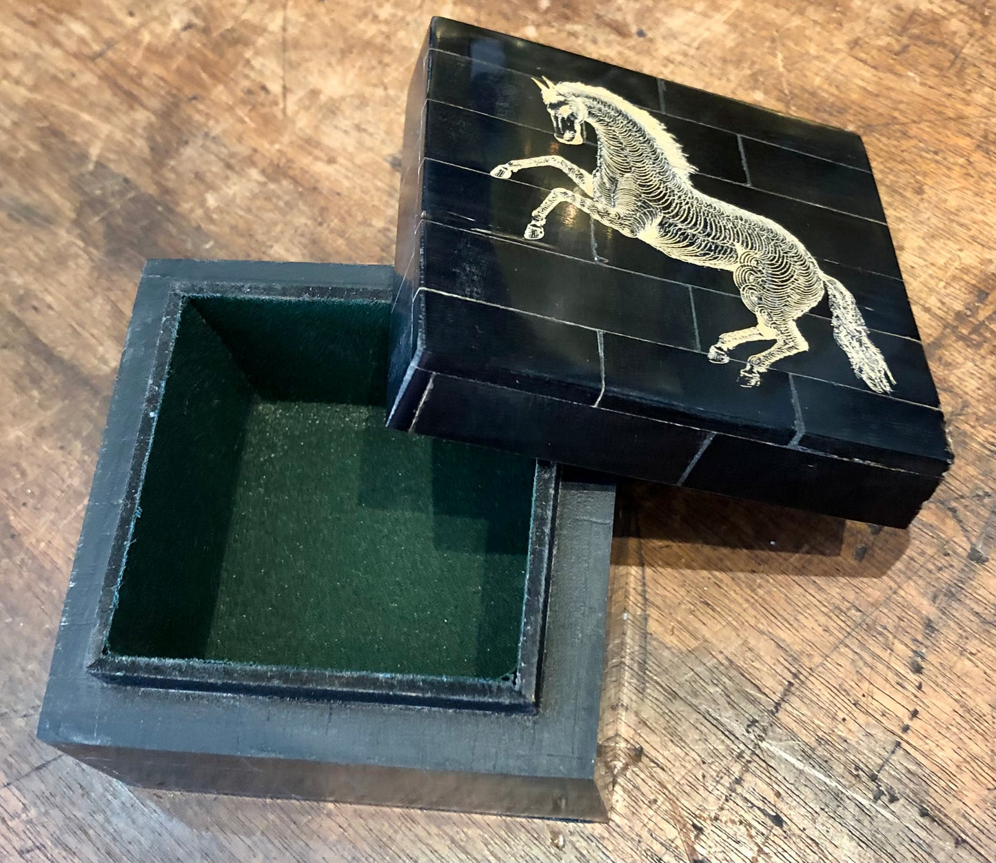 Black Horn Box with Scrimshaw Horse