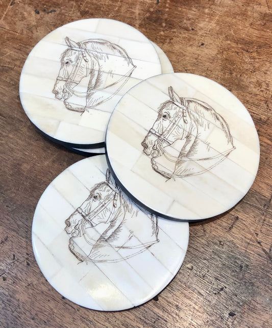 Horse Head Scrimshaw Bone Coasters/Set of 4