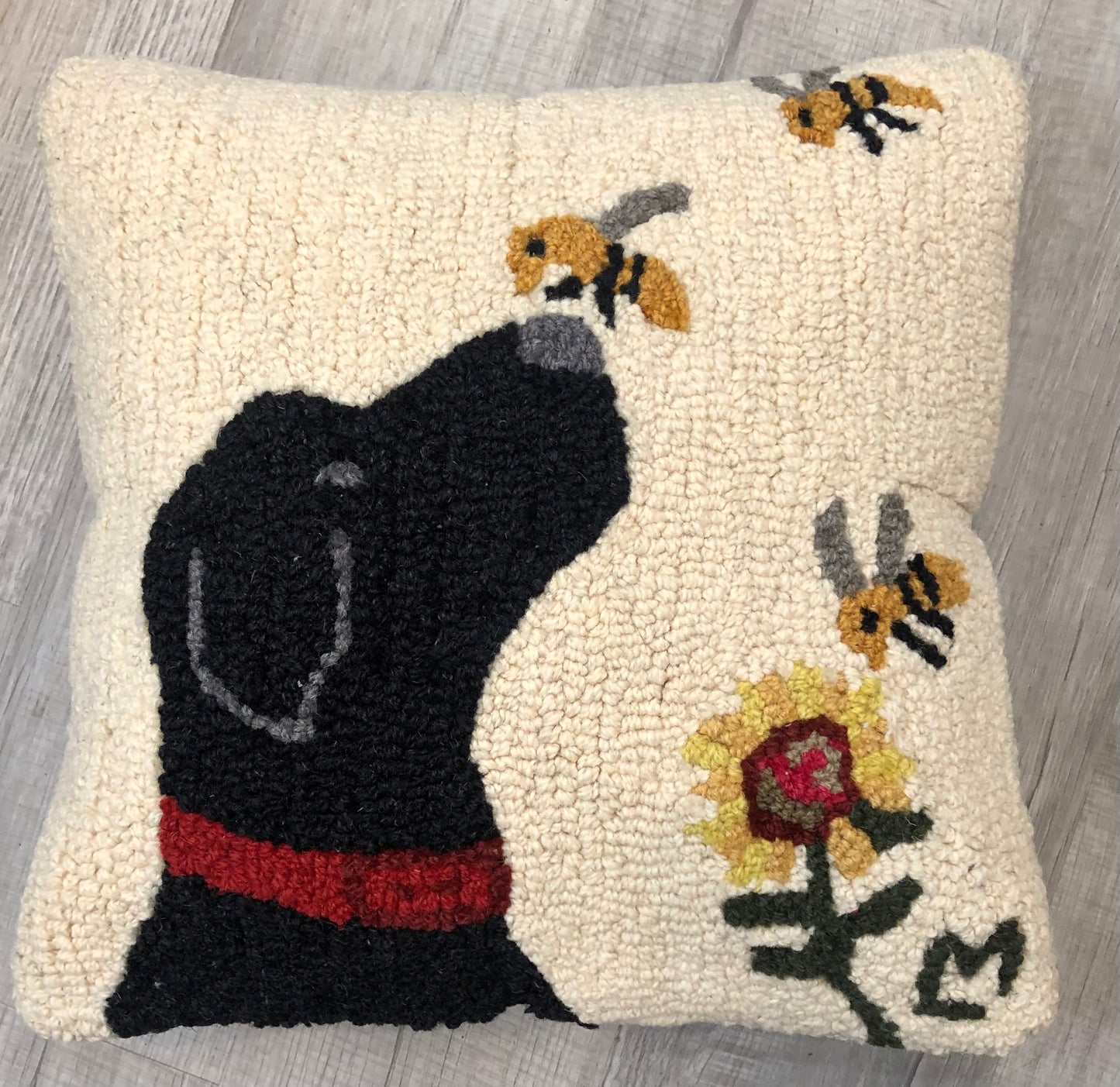 Black Lab with Bee Pillow, Hand-hooked Wool