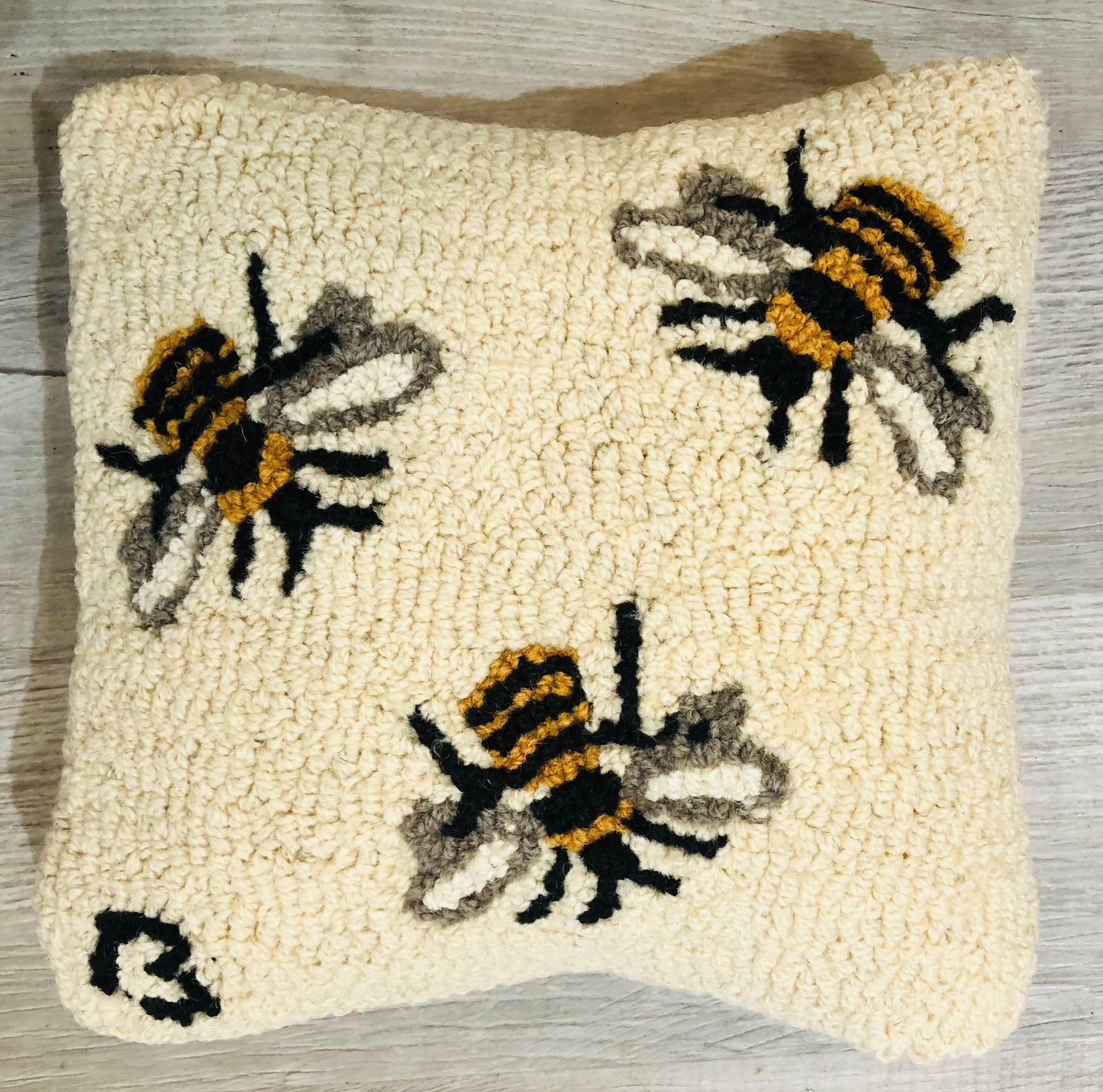 Three Bees Pillow, Hand-hooked Wool