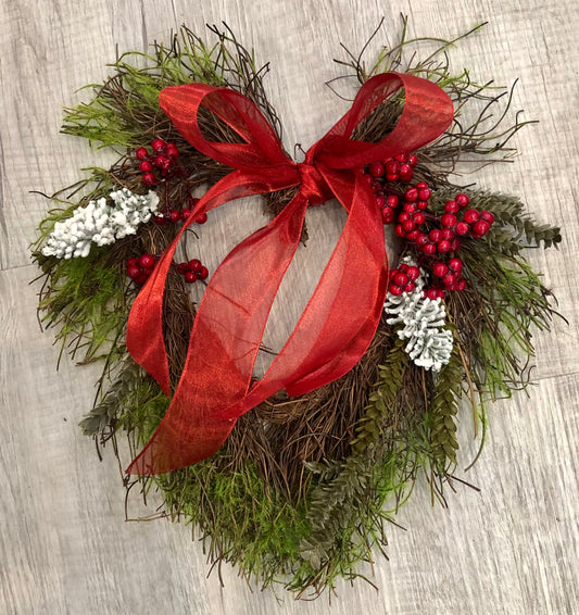 Mossy Twig Heart with Berries and Bow