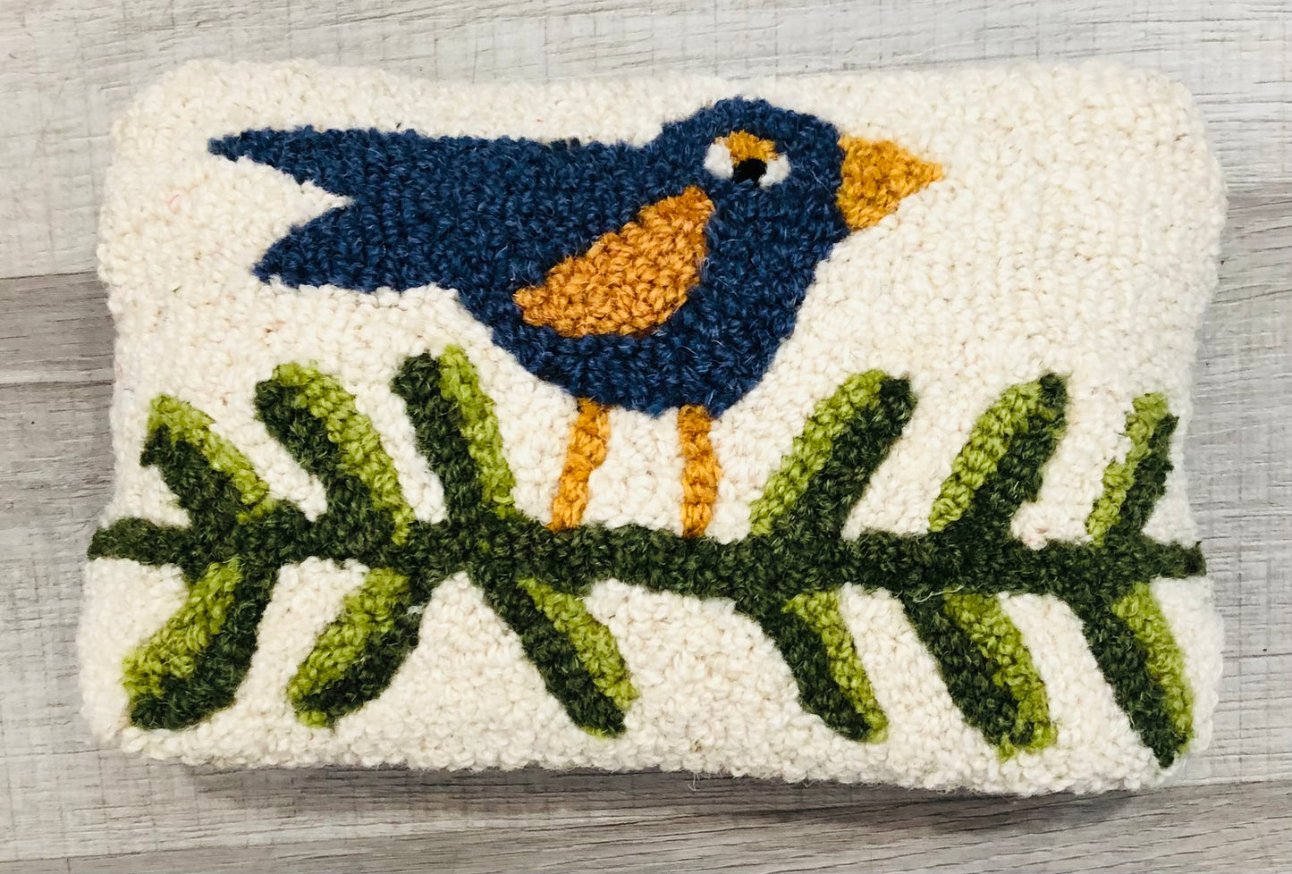 Blue Bird on Branch Pillow, Hand-hooked Wool