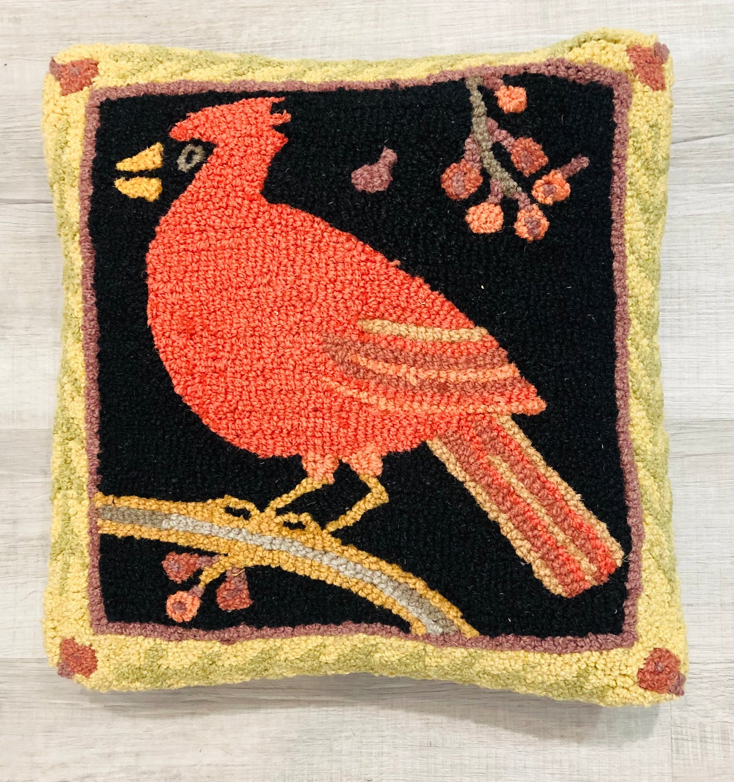 Cardinal and Berries Pillow, Hand-hooked Wool