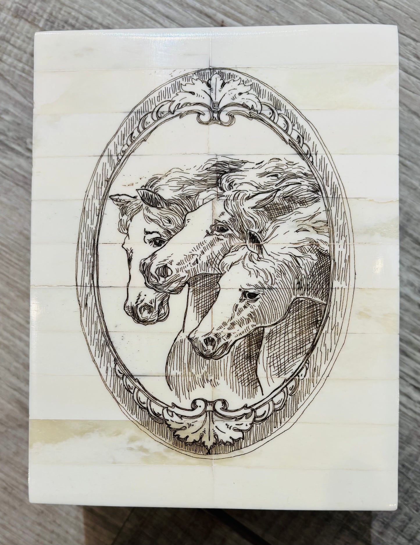 Three Horse Head Scrimshaw Bone Box