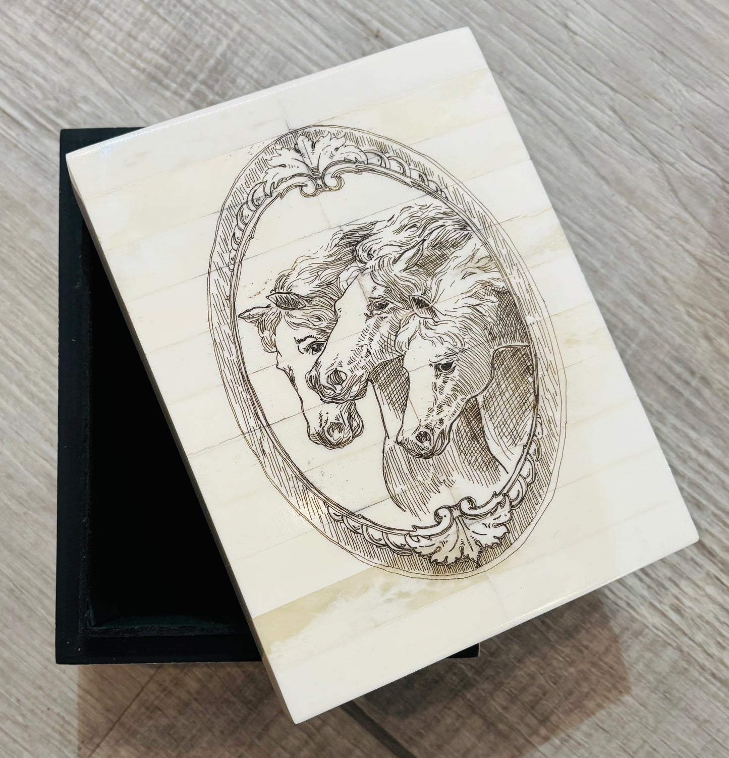 Three Horse Head Scrimshaw Bone Box