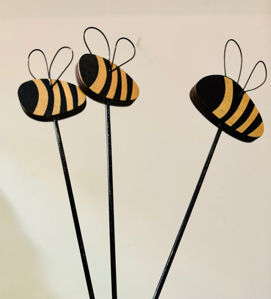 Set of 3, Wooden Bumblebee Plant Stake