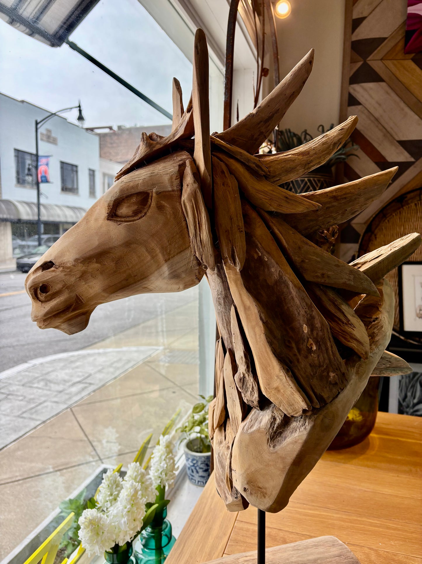 Teakwood Horsehead Sculpture with Iron Base