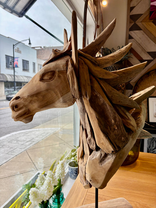 Teakwood Horsehead Sculpture with Iron Base