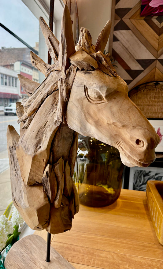 Teakwood Horsehead Sculpture with Iron Base