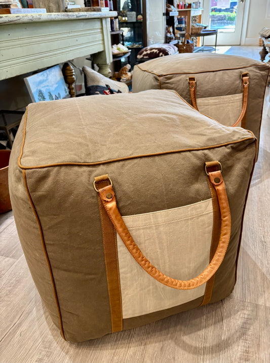 Cotton and Leather Moveable Pouf with Handles