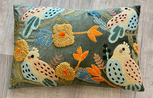 Embroidered Pillow with Birds, Green Background