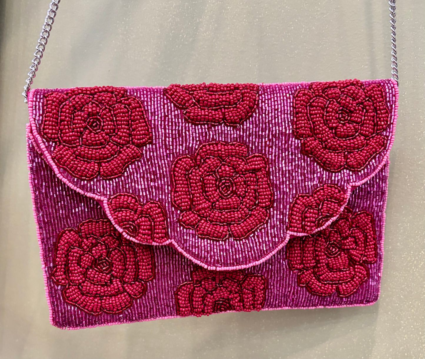 Beaded Clutch, Fushia with Red Roses