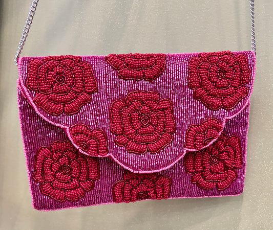 Beaded Clutch, Fushia with Red Roses