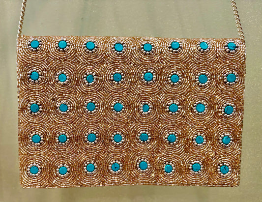 Beaded Clutch, Gold and Turquoise