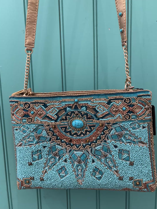 "New Day" Beaded Leather Mosaic Crossbody Clutch Handbag