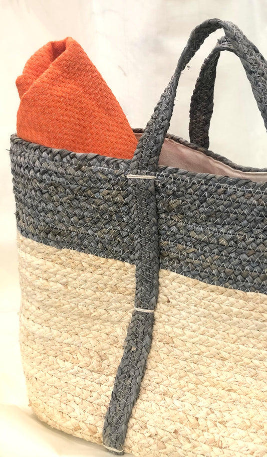 Basket/Tote/Gray And Natural Fiber W\Handles, Large