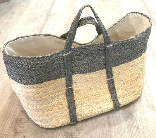 Basket/Tote/Gray And Natural Fiber W\Handles, Large