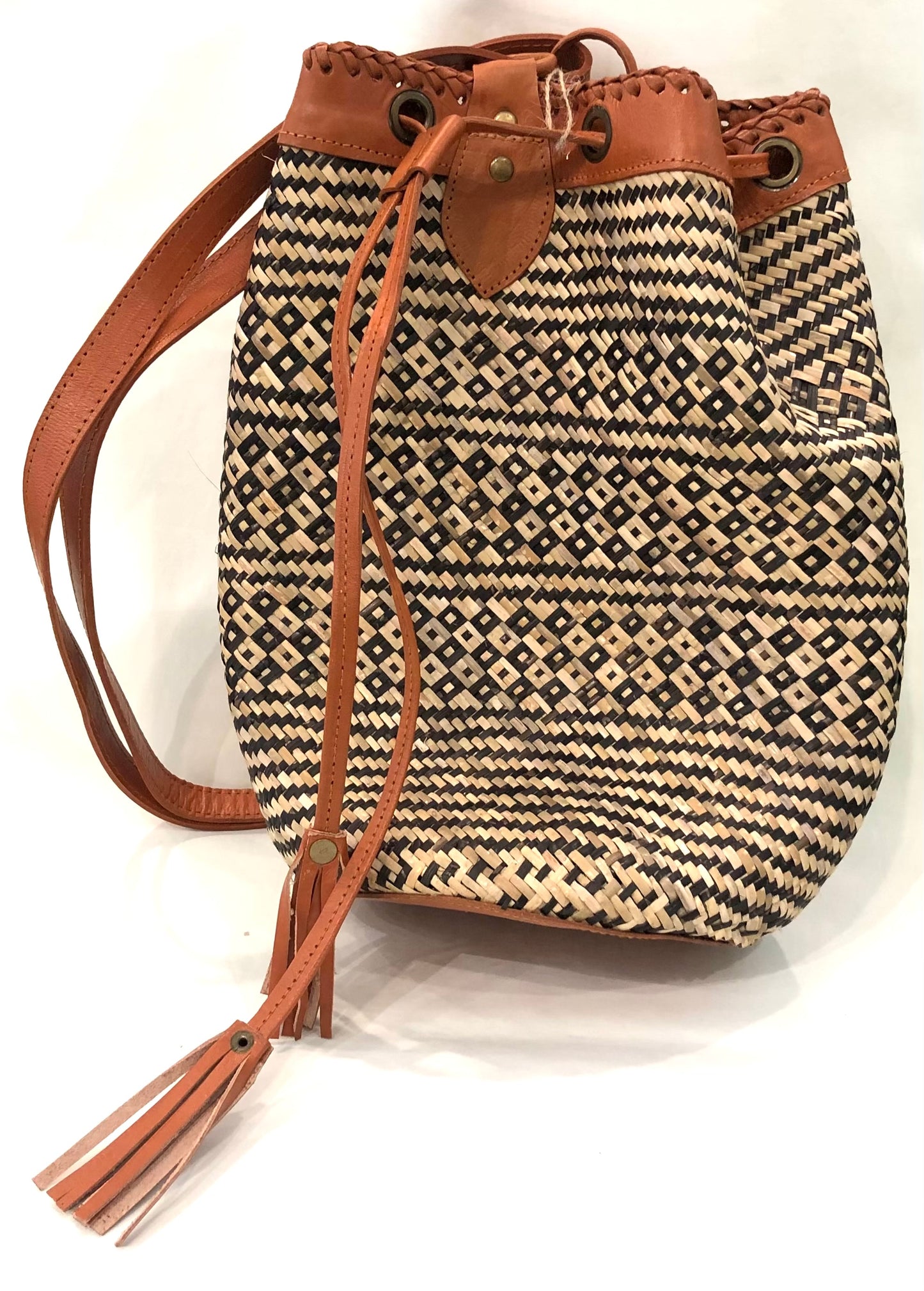 "Delilah" Rattan Backpack Bag; Rattan & Leather