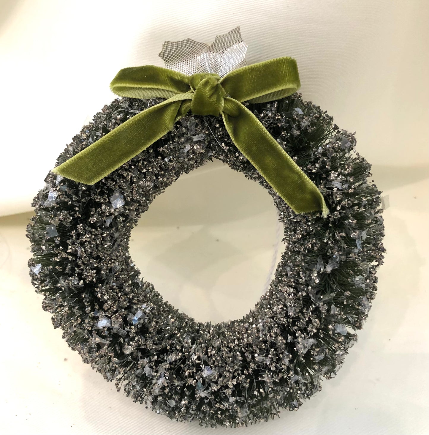 Green Bristle Wreath Ornament w/Green Velvet Bow
