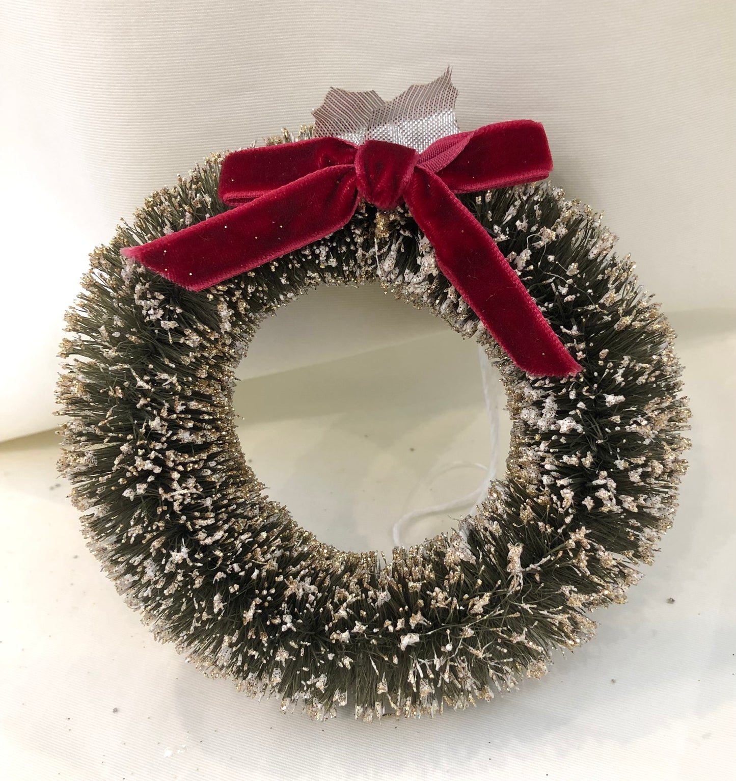 Bristle Brush Wreath Ornament with Red Velvet Bow