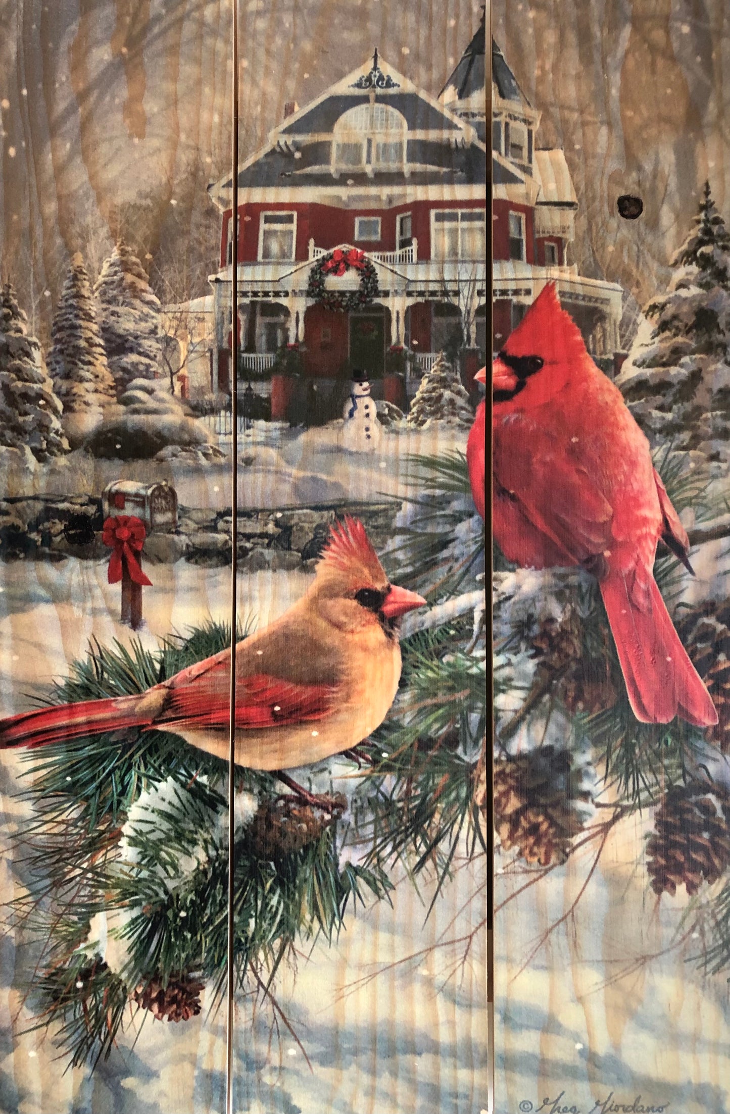 Cardinals and House - Wood Art Print