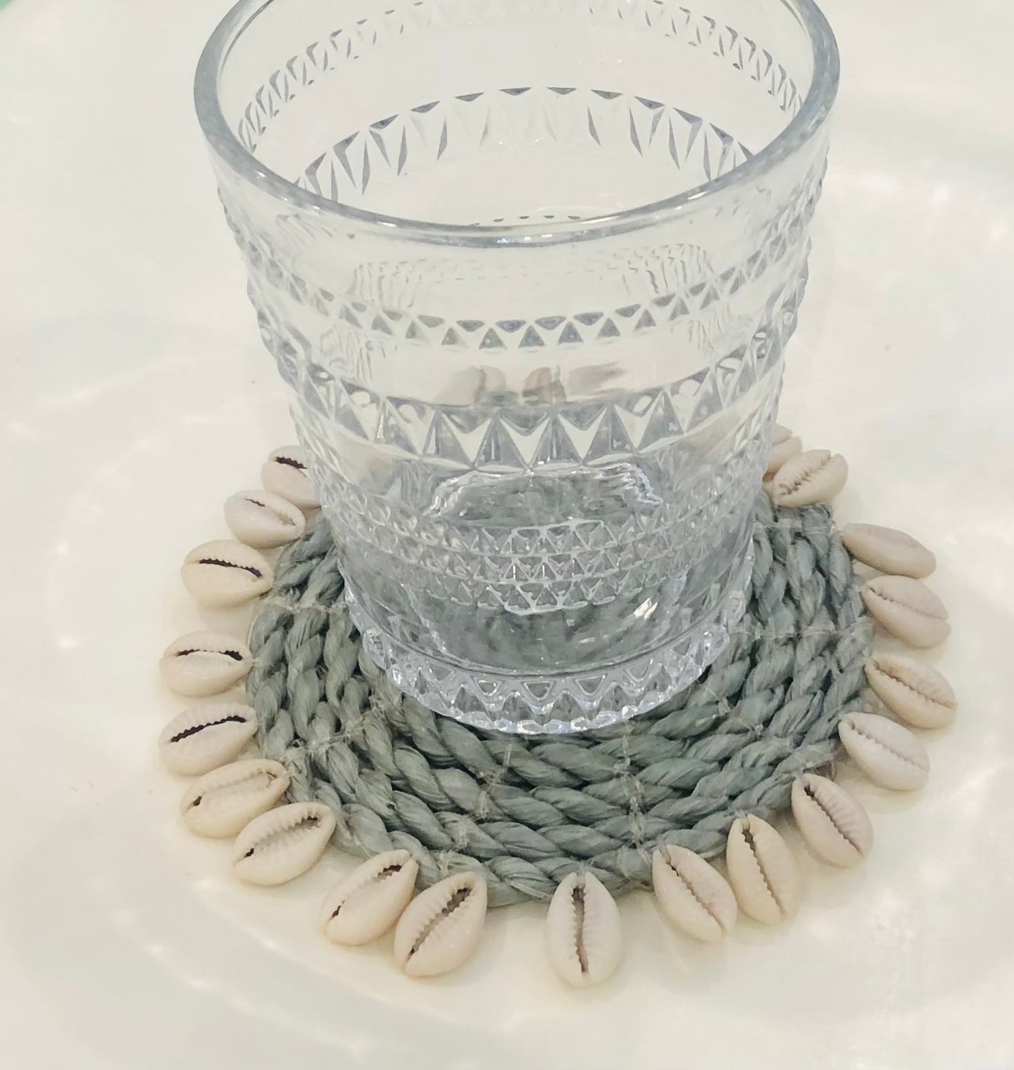 Coasters, Sage Seagrass with Cowrie Shells, Set 4