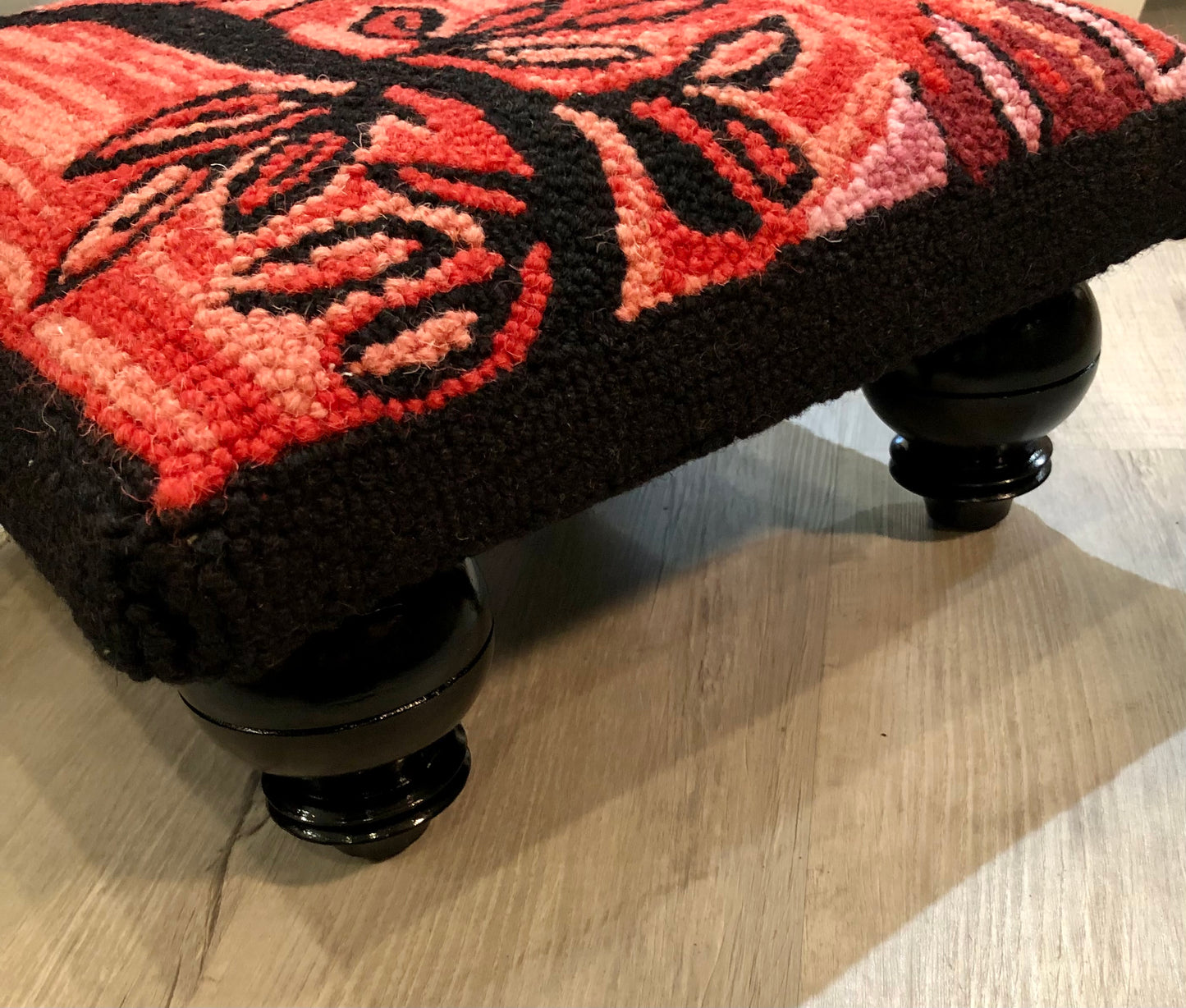 Footstool with Bird Motif, Hooked Wool Face