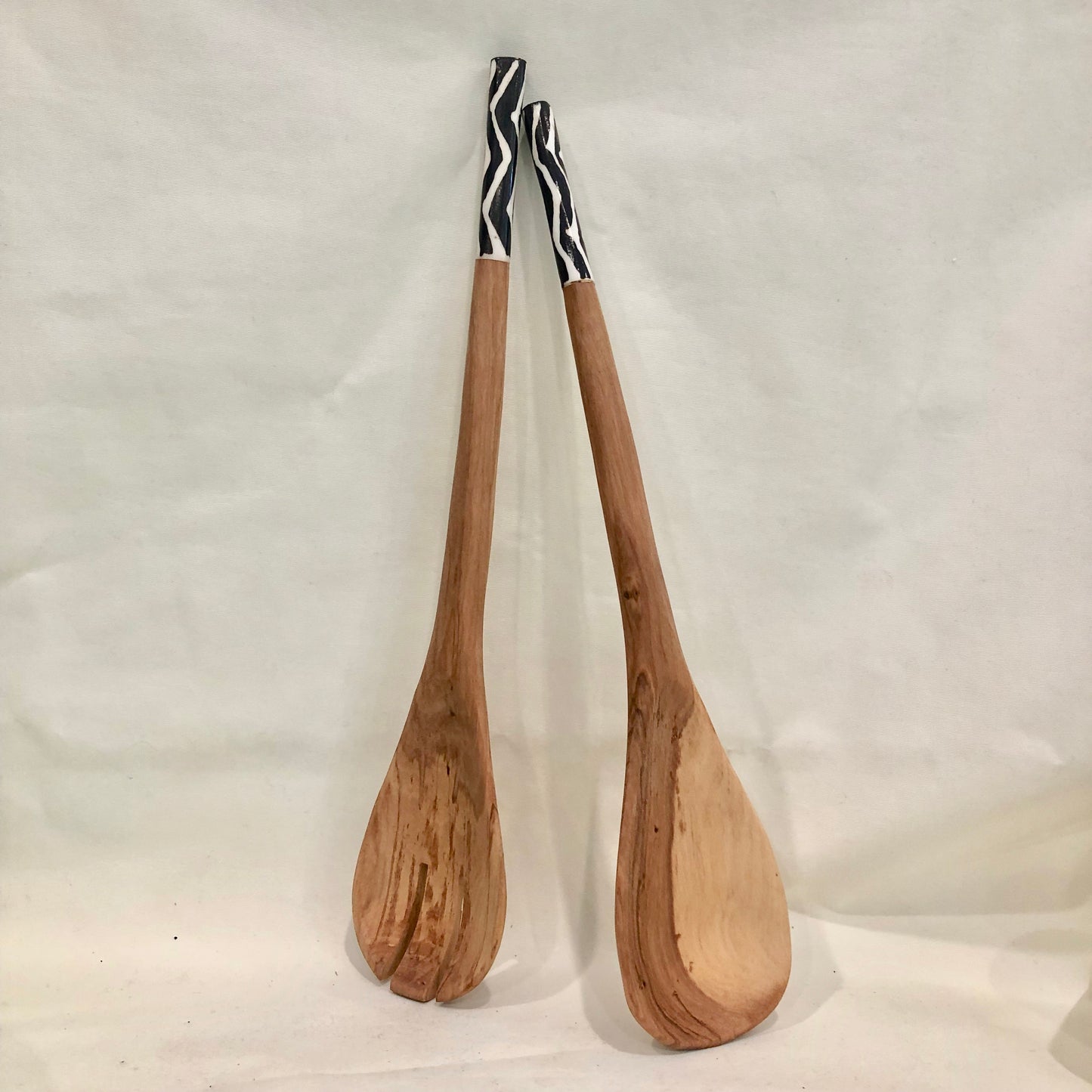 Wood Salad Servers with Black and White Bone Detail