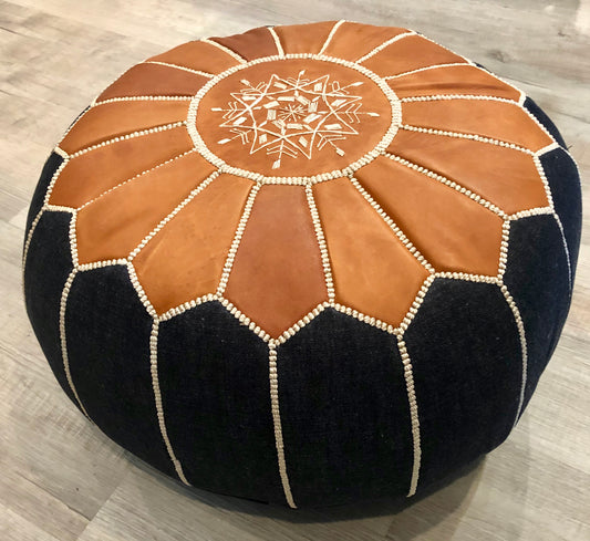 Ottoman/Pouf in Denim and Leather