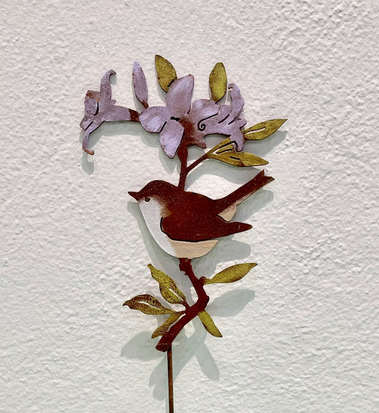 Garden Stake, Wren on Rhododendron