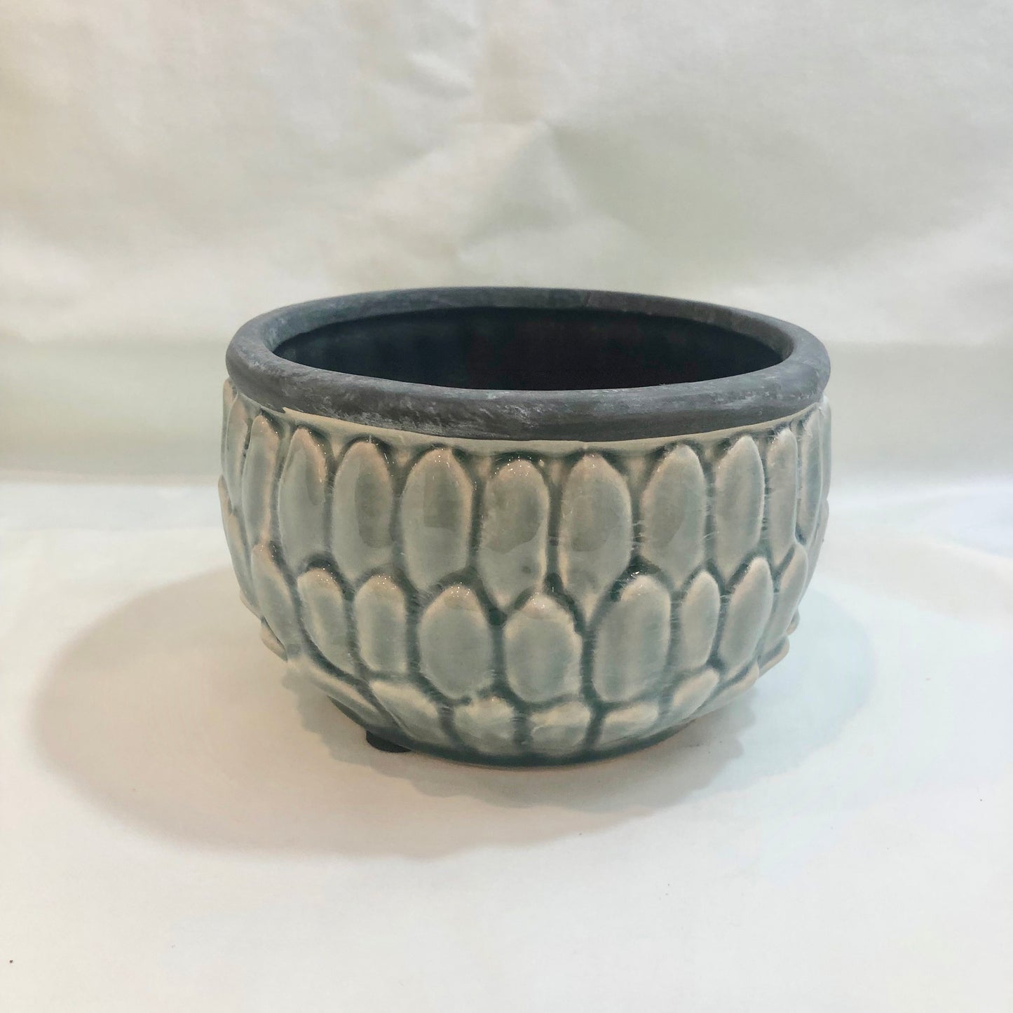 Pot, Blue-gray Ceramic with Overlapping Leaf Design