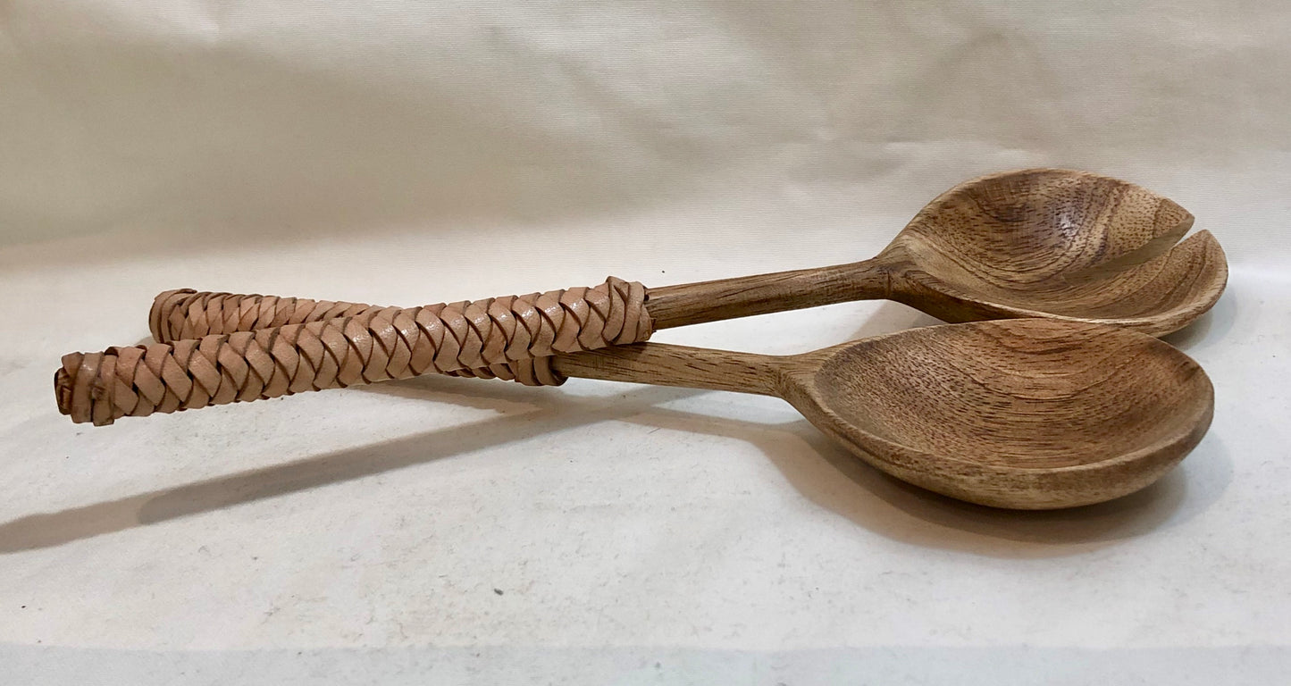 Salad Servers Wood w/Leather Wrapped Handles