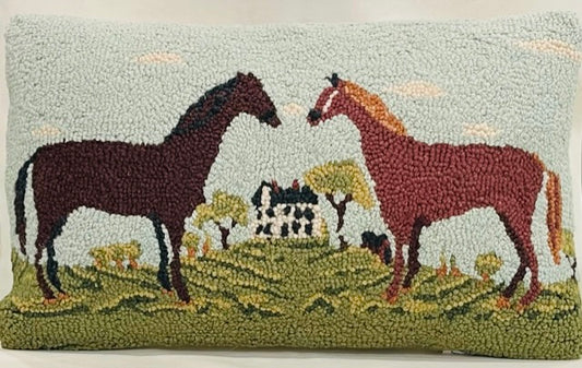 Black and Brown Horses Hooked Pillow